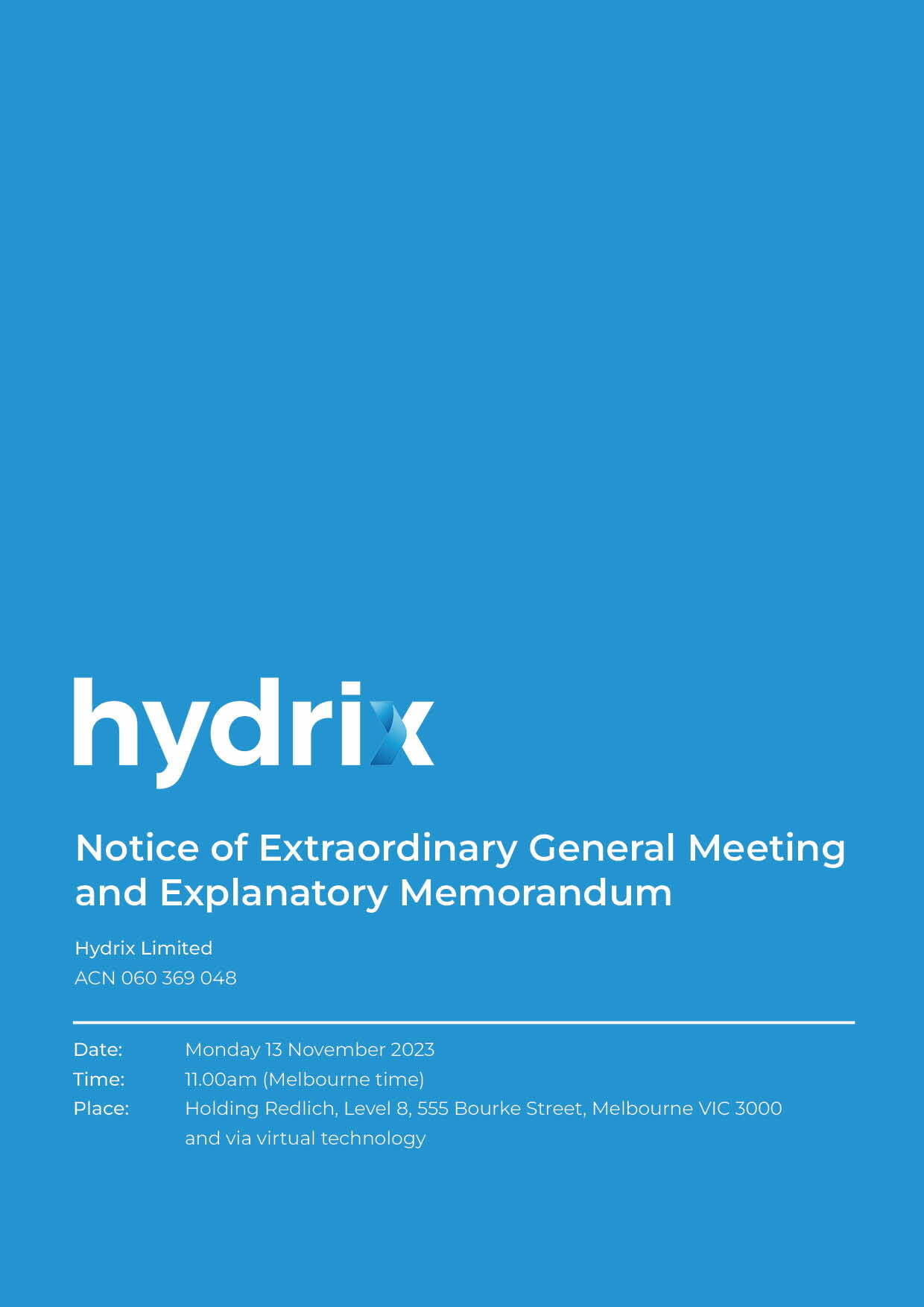 Hydrix Notice of extraordinary General meeting & explanatory memorandum cover